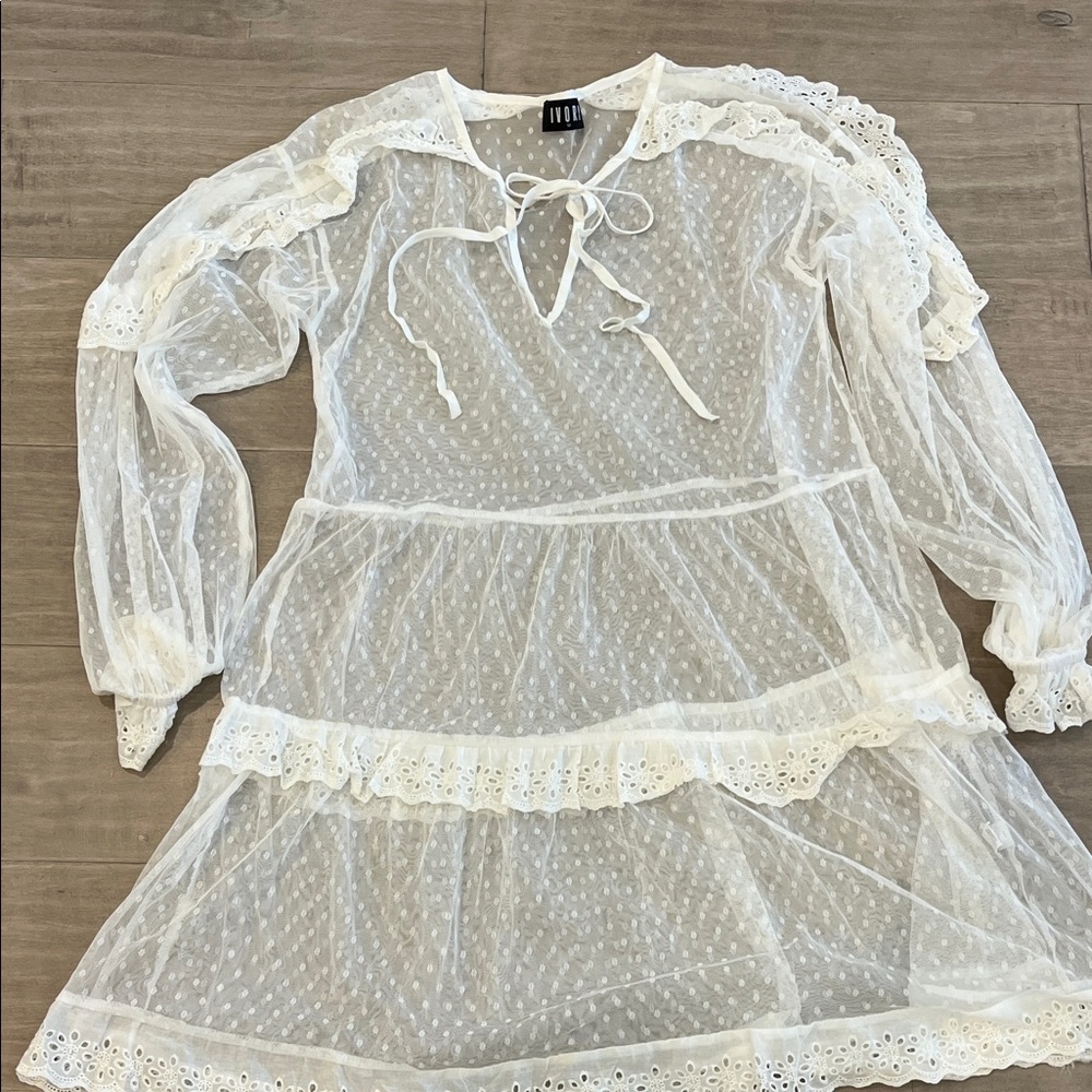 Sheer Swiss Dot Ruffle Dress in Ivory White